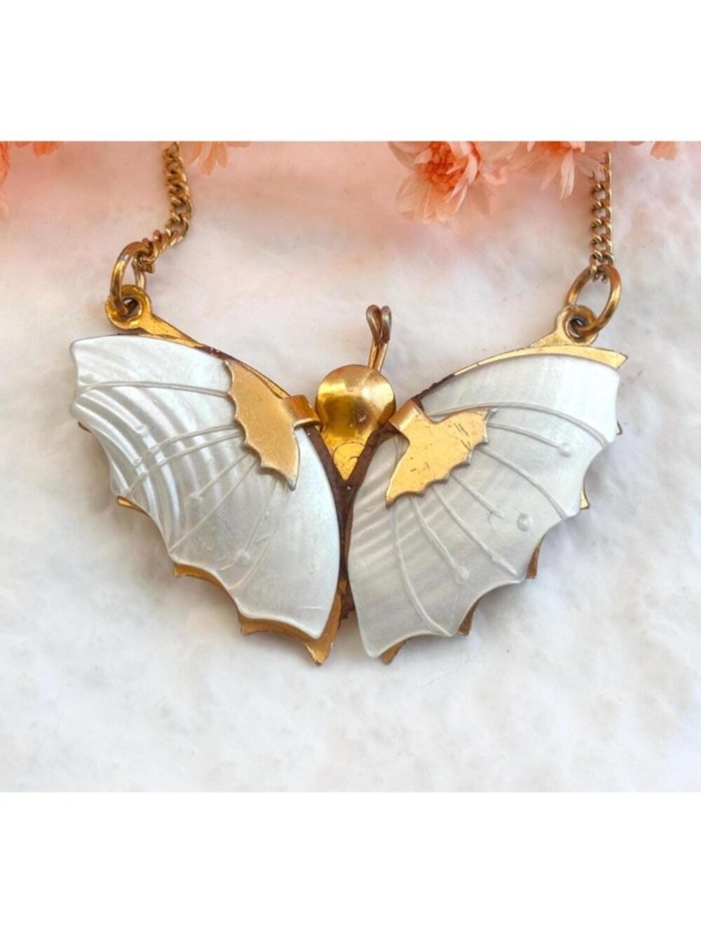 Butterfly Figural Faux Mother of Pearl Accented Gold T Vintage Pendant Necklace